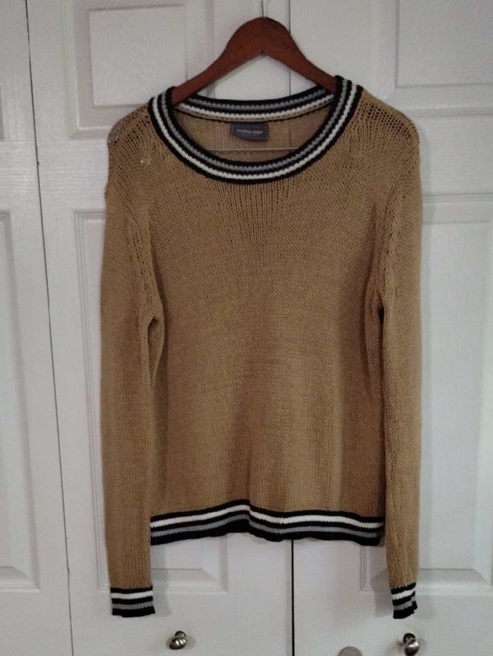 Wooden Ships Tan Crewneck Sweater with Black & White Striped Trim Size Medium